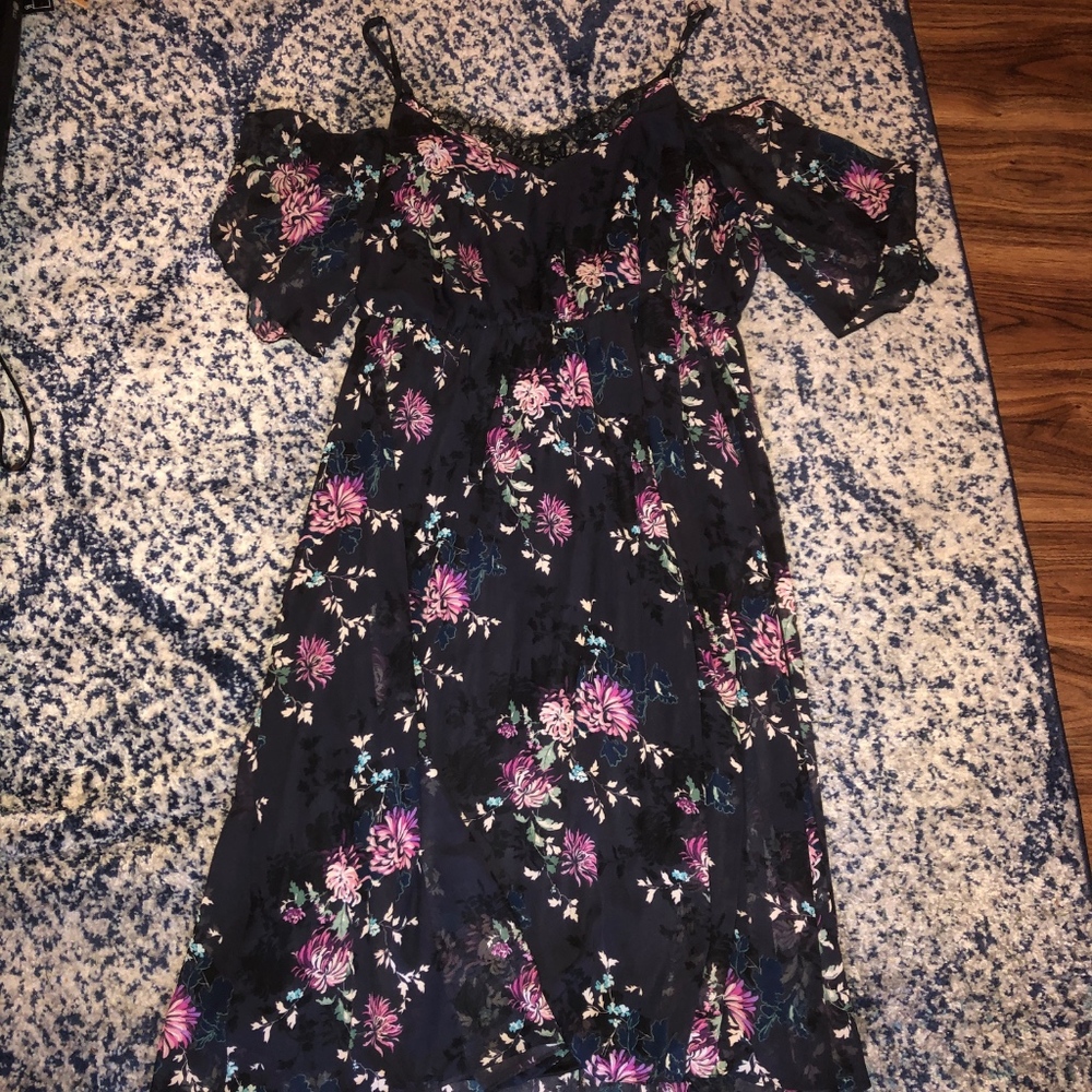 Floral Cold Shoulder Midi Dress With Lace Detail